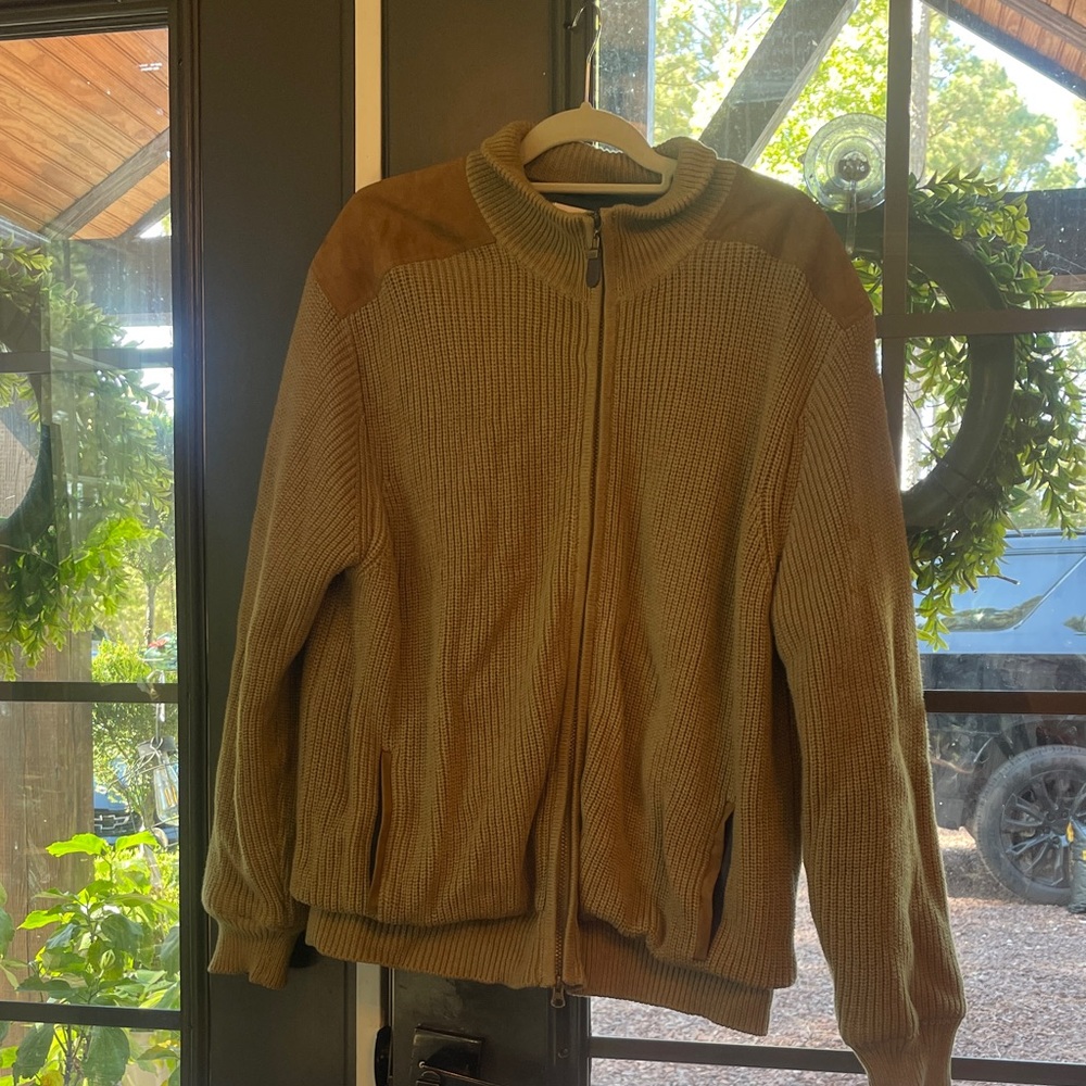 Orvis Men's Brown Zip-Up Sweater with Suede Shoulders